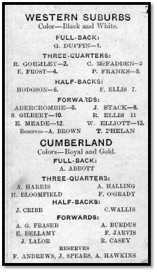 Program Wests v Cumberland 1908 - Round 8 at Birchgrove Oval
Note: A number of the player's names were not spelled correctly - 
A number of Cumberland players came across to Wests  in 1909