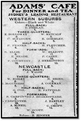 Program from 1909 Wests v Newcastle game at RAS Showground. Note: W Scott (Newcastle No. 14) played with Wests in Round 7 at Newcastle